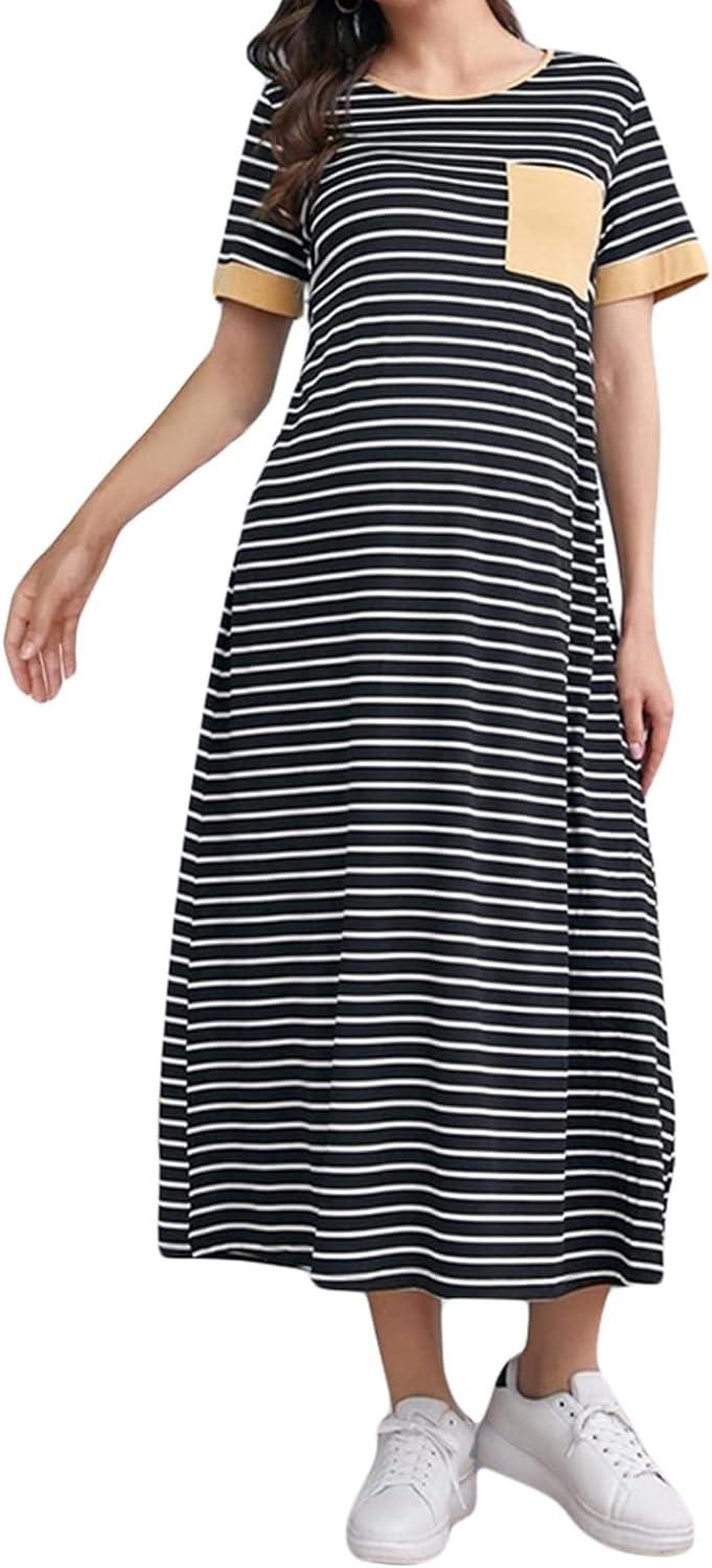 Soft Comfy maxi Dress Short Sleeve Round Neck Loose Fit Striped Pregna   VIGOR MARKET