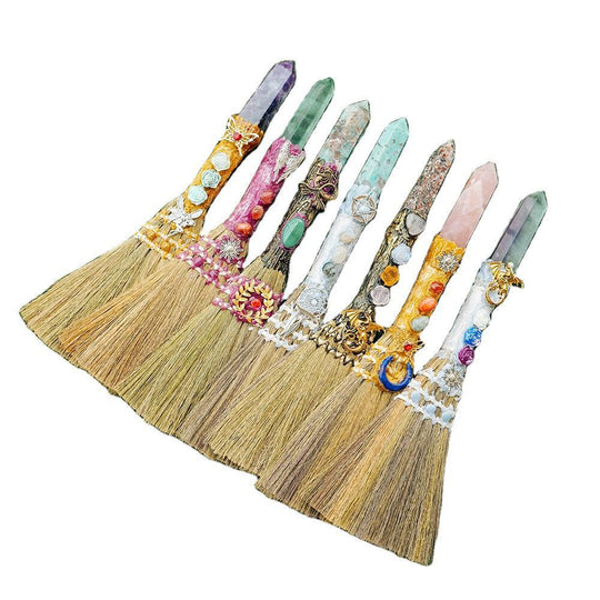 Magic Sweeper Blue Apatite Tower Broom 7.08"-7.87" Healing Crystal Point Witch Altar Supplies for Crystal Therapy Cleaning
