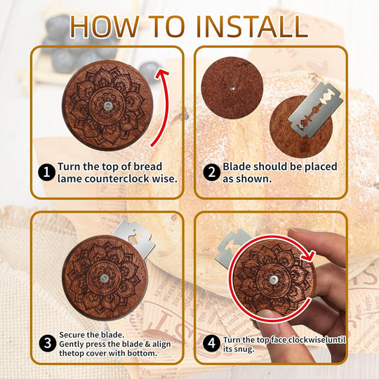 Wooden Lame Bread Scoring Tool with 5 Razor Blades and Leather Storage Cover (MOQ 10 Sets)