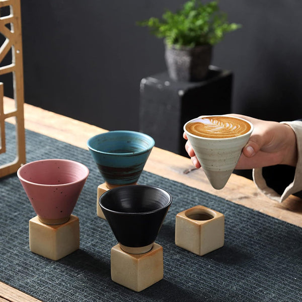 Pottery Espresso Cup, Creative Ceramic Tea Cup With Base, Vintage Espresso Cups, Triangular Cone Shape Tea Cup Ceramic Mug For Coffee Tea Latte Milkshake Yogurt(10 Pack)