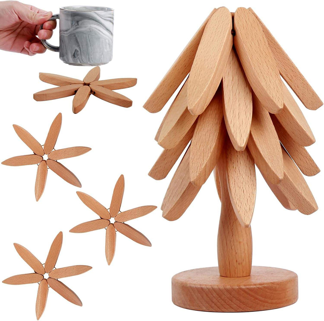 Foldable Heat Resistant Pads Kitchen Table Wooden Tree Shape Trivets Gift Sets