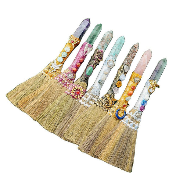 Magic Sweeper Blue Apatite Tower Broom 7.08"-7.87" Healing Crystal Point Witch Altar Supplies for Crystal Therapy Cleaning(Bulk 3 Sets)