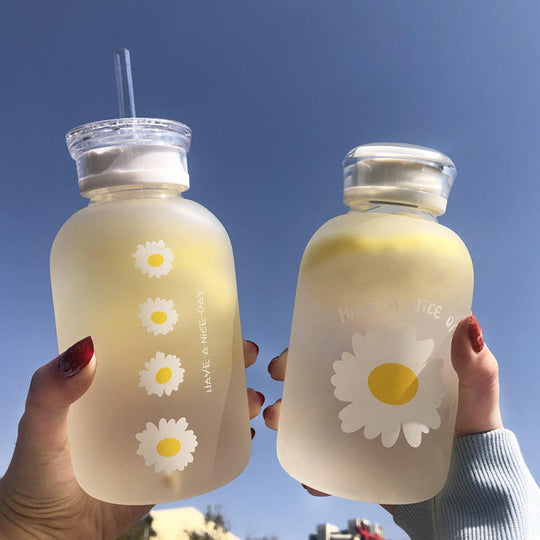 Double cover straw glass, Milk Juice Cute Water Bottle with Scale  Lids Little daisy Matte Portable Transparent Water Cup Glass Bottles Creative Handy Cup(10 Pack)