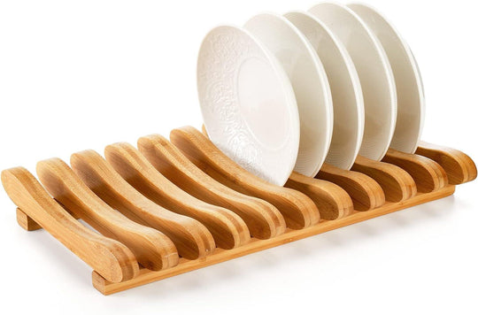 Bamboo Dish Drying Rack, 10 Slots Bamboo Cabinet Plate Stand Dish Drainer Wooden Plate Rack Pot Lid Holder Kitchen Dish Plate Storage Organizer for Countertop Cabinet(10 Pack)