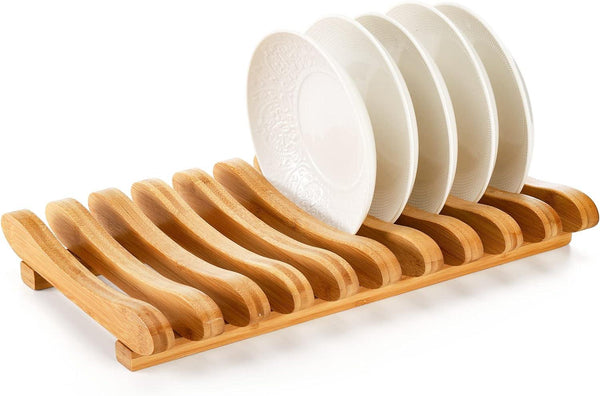 Bamboo Dish Drying Rack, 10 Slots Bamboo Cabinet Plate Stand Dish Drainer Wooden Plate Rack Pot Lid Holder Kitchen Dish Plate Storage Organizer for Countertop Cabinet