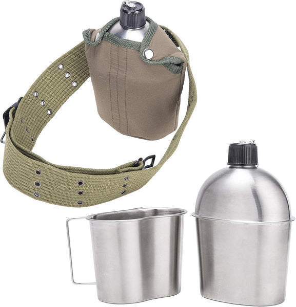 High Quality Stainless Steel Canteen Military with Cup and Green Nylon Cover Waist Belt for Camping Hiking Climbing(Bulk 3 Sets)