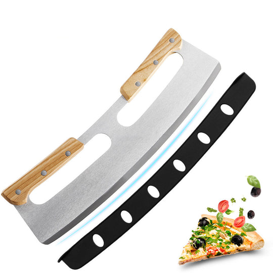 Pizza Cutter Rocker with Wooden Handles & Japanese Whetstone Knife Combo Pack