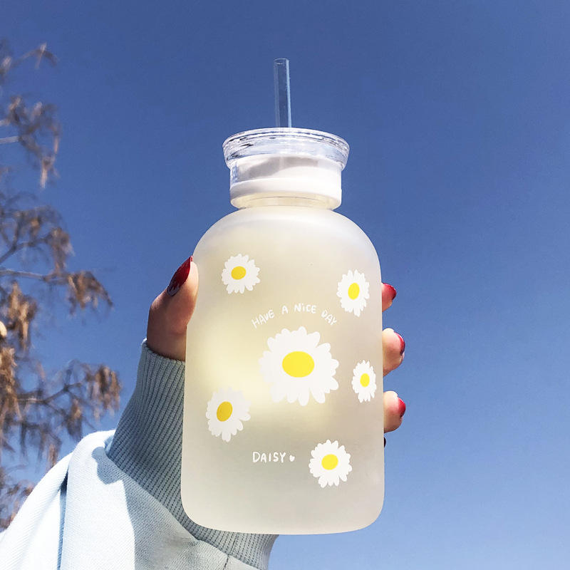 Double cover straw glass, Milk Juice Cute Water Bottle with Scale  Lids Little daisy Matte Portable Transparent Water Cup Glass Bottles Creative Handy Cup