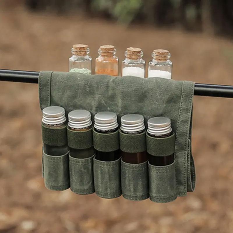 Waterproof Waxed Canvas Travel Spice Kit Seasoning Bottle Storage Bag Outdoor Camping Utensils Bushcraft Travel Spice Holder