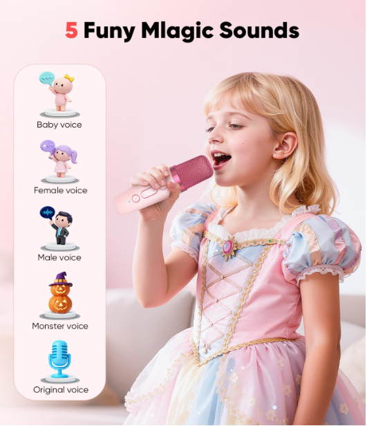 Kids Mini Karaoke Machine with 2 Wireless Mics, Bluetooth 5.3 Speaker with Rainbow Lights &amp; Magic Voice Effects, Gift for Girls &amp; Boys Ages 3-12