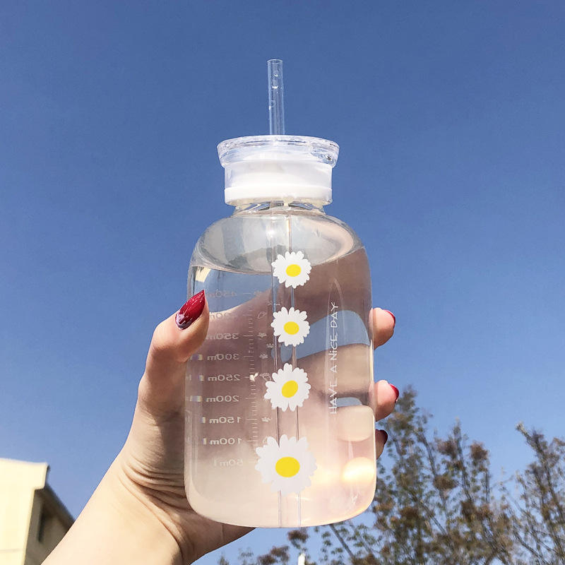 Double cover straw glass, Milk Juice Cute Water Bottle with Scale  Lids Little daisy Matte Portable Transparent Water Cup Glass Bottles Creative Handy Cup