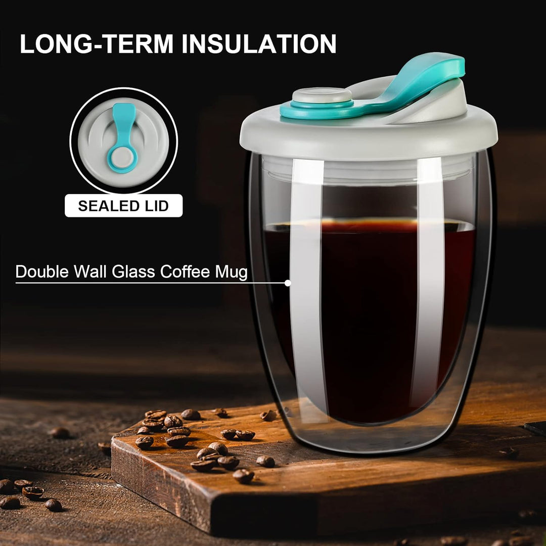 Double Wall Glass Coffee Cup with Silicone Lid 12 OZ, Wall Glass Coffee Mug,Insulated Coffee Mug with Lid for Milk Coffee Tea,High Borosilicate Glass Double Walled Cup for Travel & Home