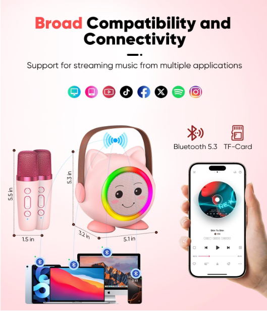 Kids Mini Karaoke Machine with 2 Wireless Mics, Bluetooth 5.3 Speaker with Rainbow Lights & Magic Voice Effects, Gift for Girls & Boys Ages 3-12(10 Pack)