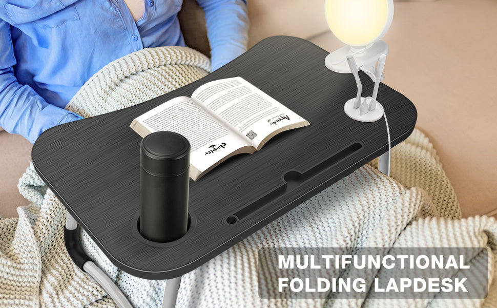 Portable Foldable Laptop Tray Table Multifunctional Laptop Bed Desk with USB Charge Port Cup Holder for Bed