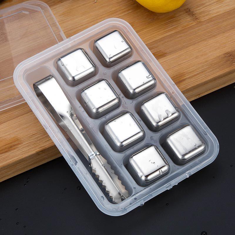 Stainless Steel Reusable Ice Cubes with Barman Tongs and Freezer Tray