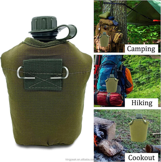 High Quality Canteen Military with Cup and Green Nylon Cover Waist Belt for Camping Hiking Climbing