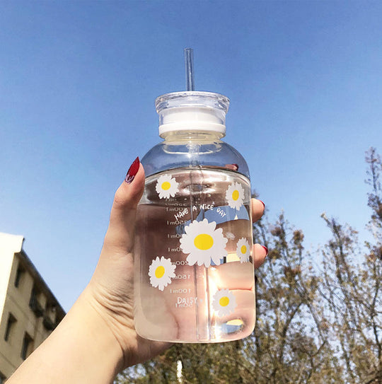 Double cover straw glass, Milk Juice Cute Water Bottle with Scale  Lids Little daisy Matte Portable Transparent Water Cup Glass Bottles Creative Handy Cup