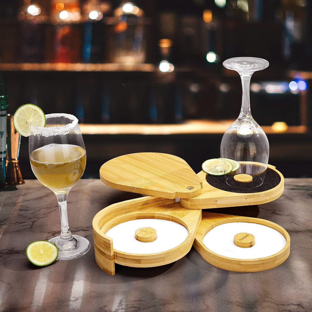 Tier Bar Glass Rimmer Bamboo Wood Sugar Salt Box with Sponge,Bartender Tool for Cocktail and Margarita(Bulk 3 Sets)