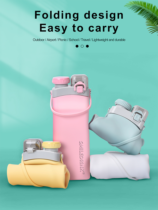 Silicone collapsible travel 20 Oz Drink squeeze gym kid Water Bottle foldable silicone collapsible water bottles with straw