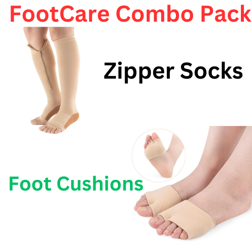 Fabric Soft Foot Care Ball of Foot Cushions & Zipper Compression Socks Calf Knee Combo Pack