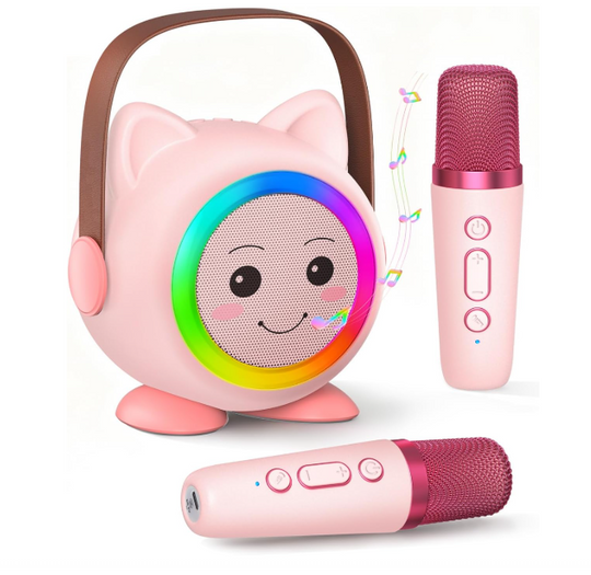 Kids Mini Karaoke Machine with 2 Wireless Mics, Bluetooth 5.3 Speaker with Rainbow Lights & Magic Voice Effects, Gift for Girls & Boys Ages 3-12