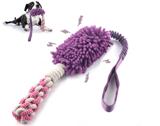 Stretchy Chenille Dog Chew Toy with Squeaker and Rope Handle (MOQ 10 Sets)