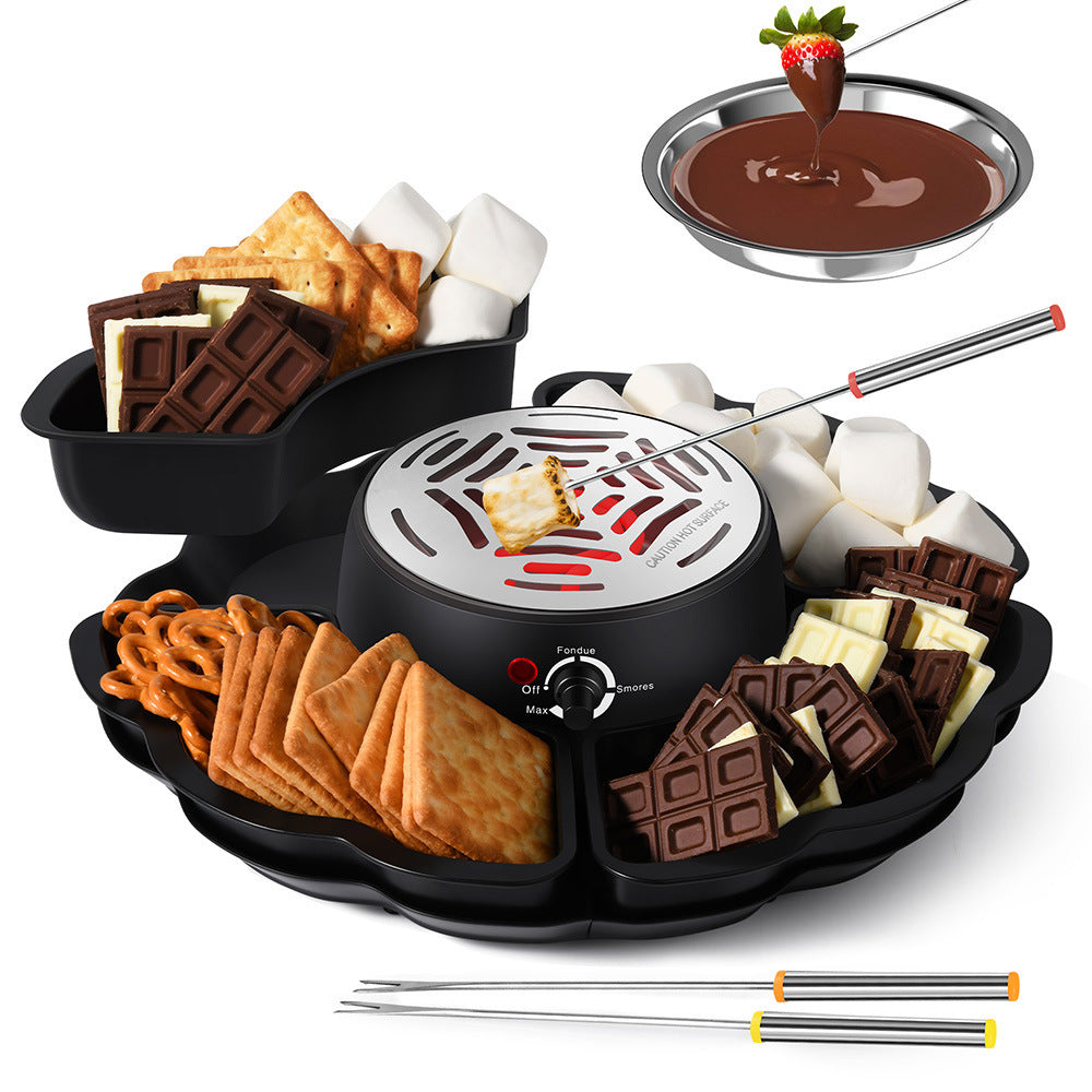 2-in-1 electric s'mores maker and chocolate fondue pot with trays, marshmallows and roasting forks