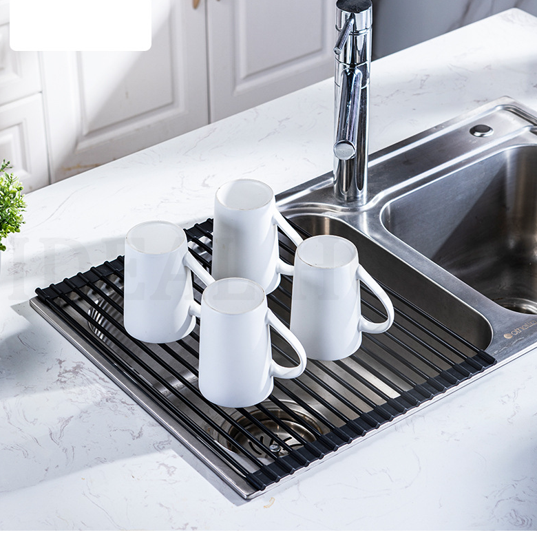 Roll Up Dish Drying Rack, Silicone Wrapped Over The Sink Multipurpose Foldable Dish Drainer Anti-Slip Coated Stainless Steel Dish Racks for Kitchen Counter, Sink Drying Rack