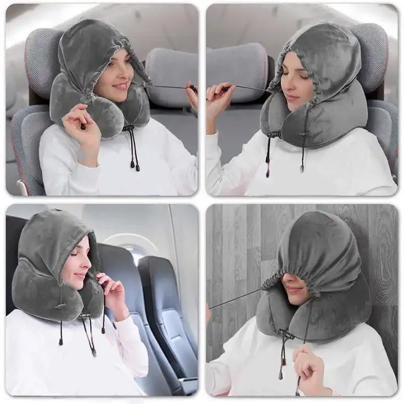 Neck support U shaped hooded travel pillow for airplane (10 Pack)