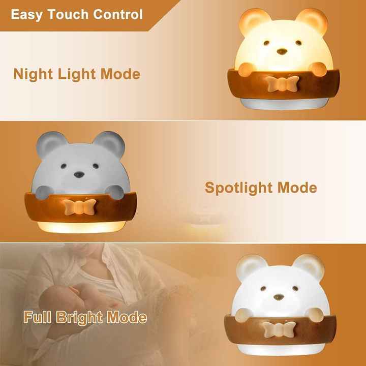 Cute Bear Night Light Girls Baby Boy Toddler Gifts Portable USB Charging Reading Sleeping Relaxing Kids Night Lamp