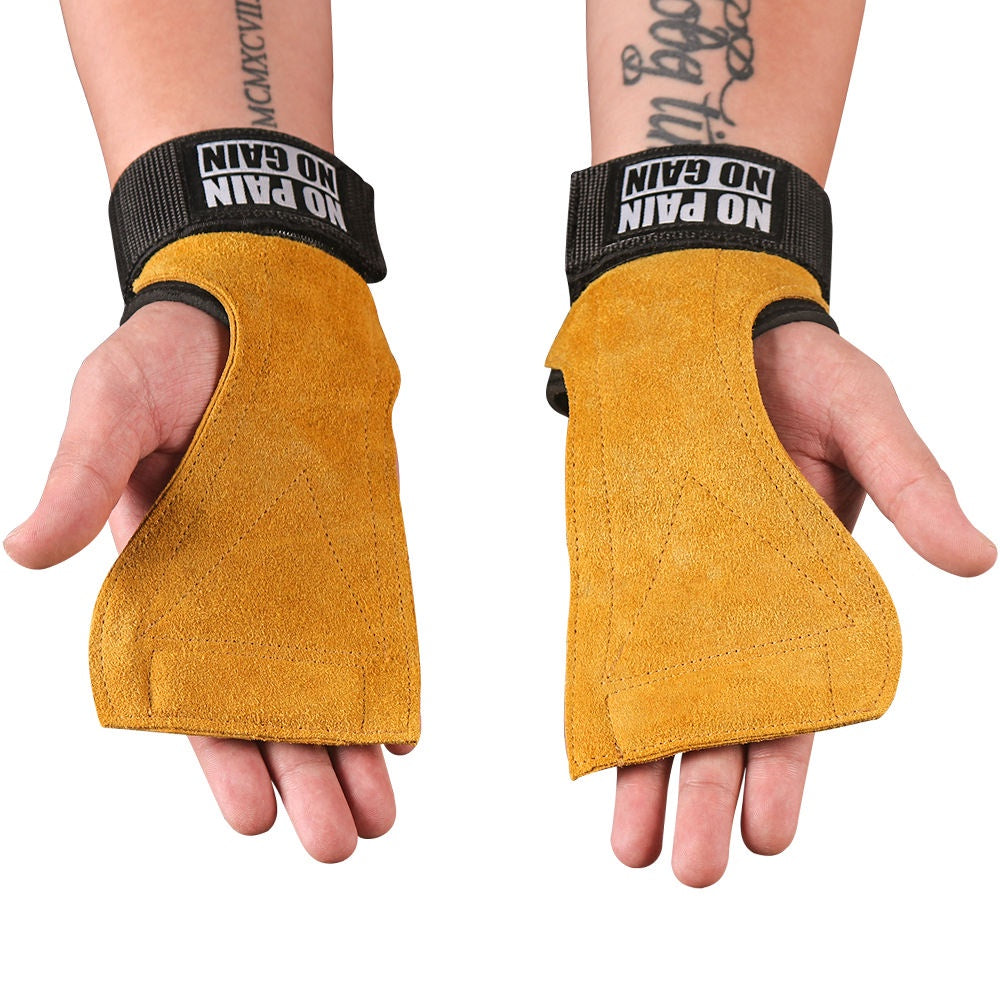 Durable Cowhide Leather Fingerless Gymnastic Pull Up Hand Grips Weight Lifting Kettlebells Cross Training