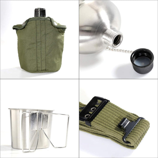 High Quality Stainless Steel Canteen Military with Cup and Green Nylon Cover Waist Belt for Camping Hiking Climbing(Bulk 3 Sets)