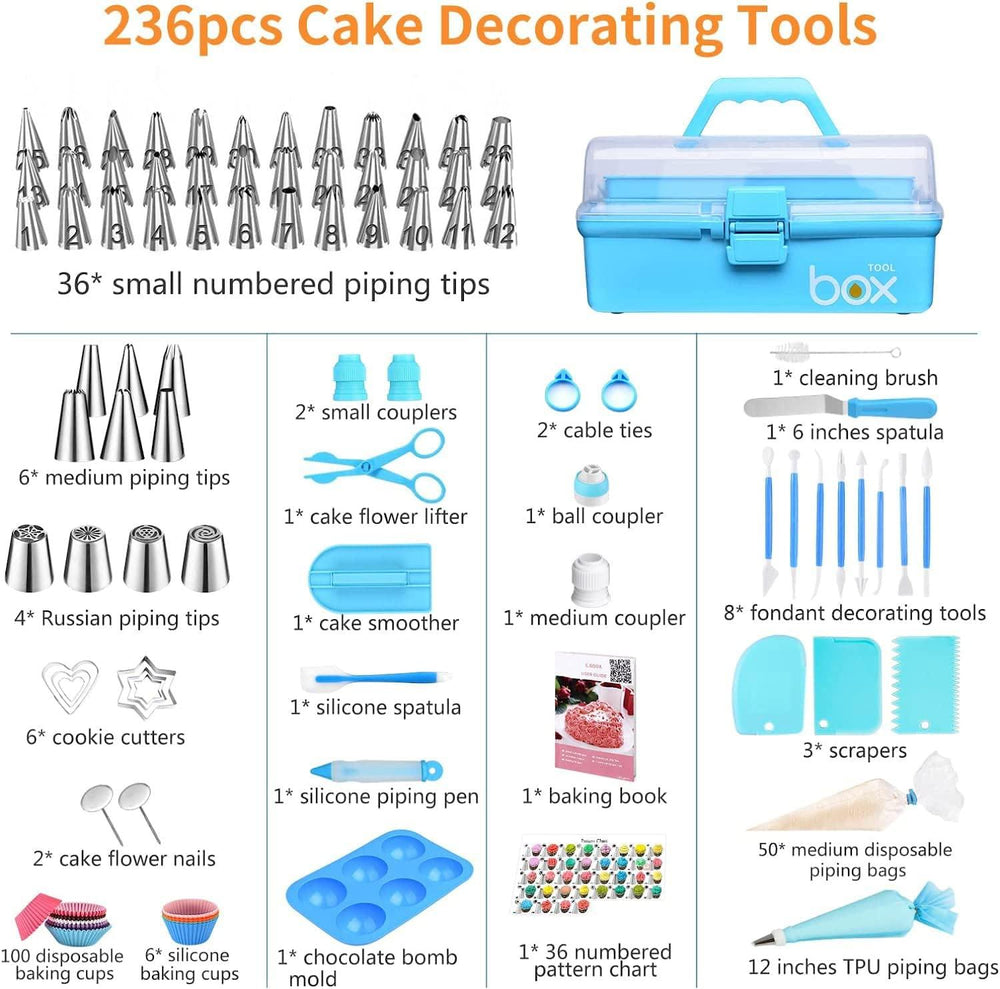 Professional Cake Decorating Tools Supplies Baking 236 Accessories with Storage Case Piping Bags and Icing Tips Set Cupcake Cookie Frosting Fondant Bakery Set