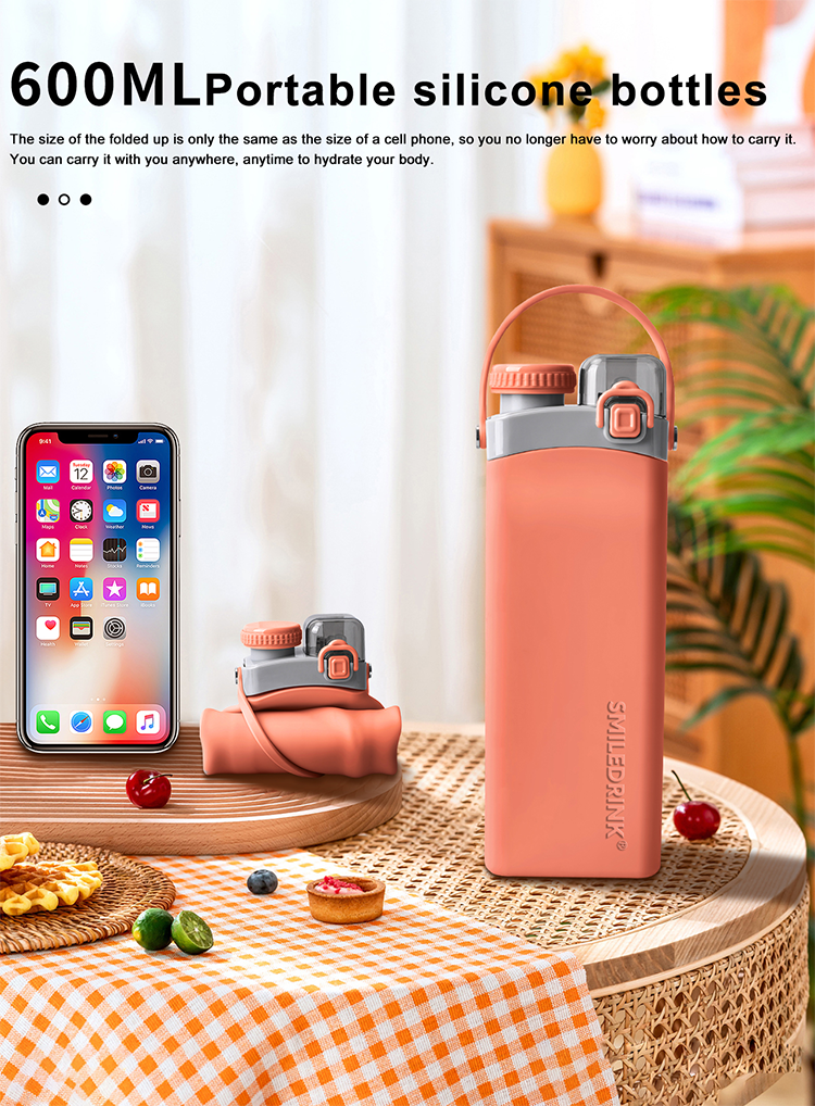 Silicone collapsible travel 20 Oz Drink squeeze gym kid Water Bottle foldable silicone collapsible water bottles with straw