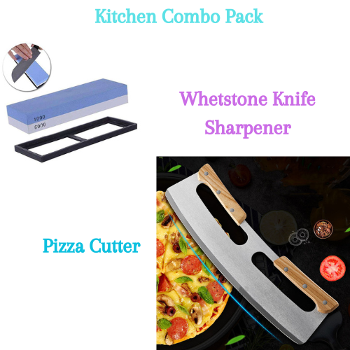 Pizza Cutter Rocker with Wooden Handles & Japanese Whetstone Knife Combo Pack