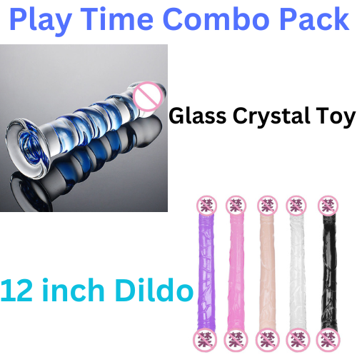 Blue Pattern Glass Crystal Transparent Toy & Big Huge Realistic 12 inch Dildo For Women Combo