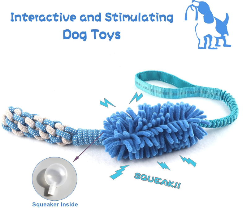 Stretchy Chenille Dog Chew Toy with Squeaker and Rope Handle (MOQ 10 Sets)