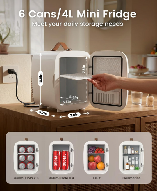 Mini Fridge Cooler & Warmer, 4L Portable Skincare Fridge – AC/DC Compact Refrigerator for Bedroom, Office, Car & Dorm