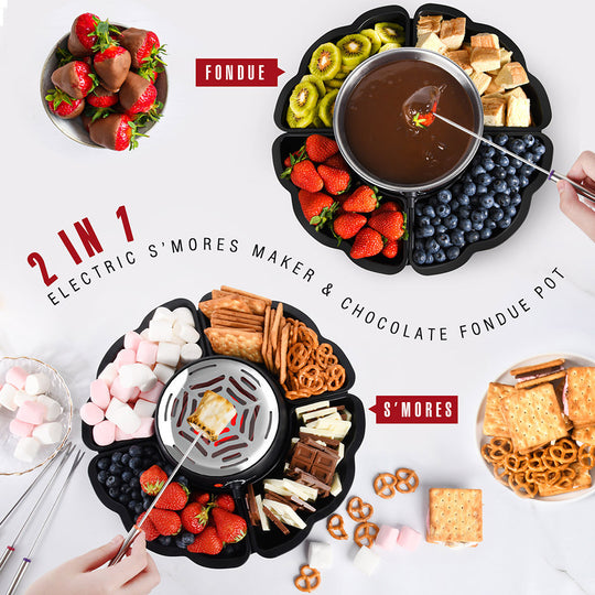 Electric s'mores maker and fondue pot features: fondue mode and s'mores mode