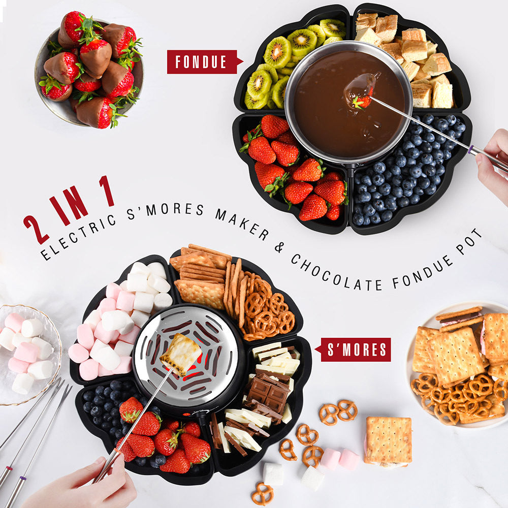 Electric s'mores maker and fondue pot features: fondue mode and s'mores mode
