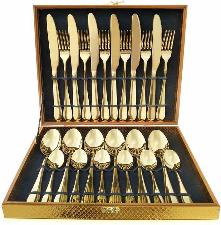 Perfect Holiday Gift 24-Piece Gold Forged Stainless Steel Flatware Set, Service of 6