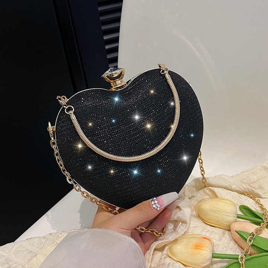 Heart Shaped Evening Purse Velvet Clutch Purse Solid Evening Bag, chain diamond set shoulder handbag cross body bag.