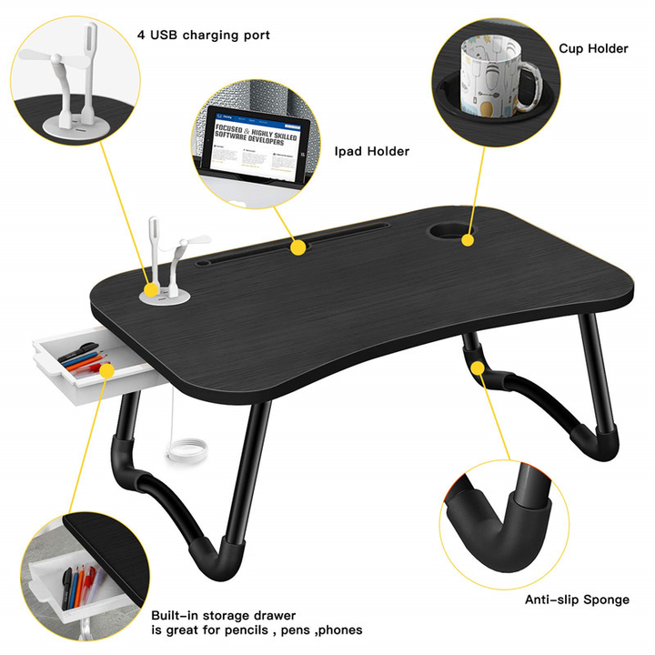 Portable Foldable Laptop Tray Table Multifunctional Laptop Bed Desk with USB Charge Port Cup Holder for Bed