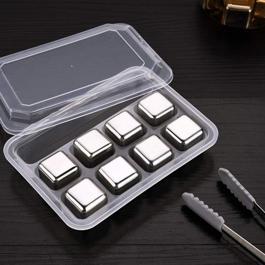 Stainless Steel Reusable Ice Cubes with Barman Tongs and Freezer Tray