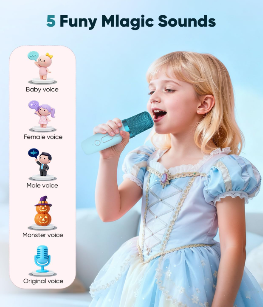 Kids Mini Karaoke Machine with 2 Wireless Mics, Bluetooth 5.3 Speaker with Rainbow Lights &amp; Magic Voice Effects, Gift for Girls &amp; Boys Ages 3-12