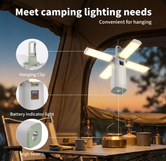 Rechargeable Camping Lantern, 4-Panel Foldable LED Tent Light with Power Bank, IPX4 Waterproof, 3 Lighting Modes, Hanging Clip for Camping, Hiking & Emergency Use