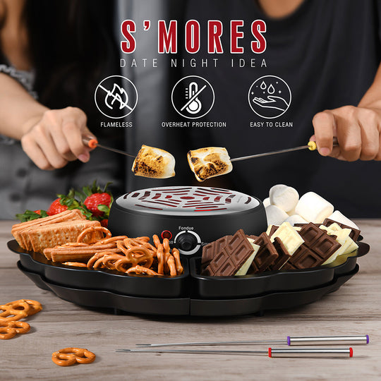 Two people toasting marshmallows on a flameless indoor s'mores maker on date night