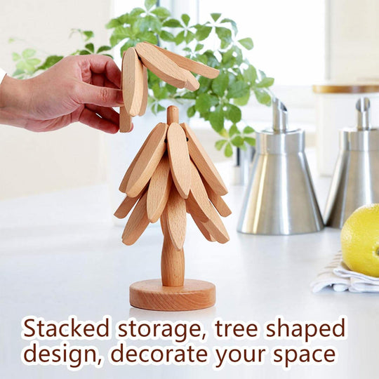 Foldable Heat Resistant Pads Kitchen Table Wooden Tree Shape Trivets Gift Sets