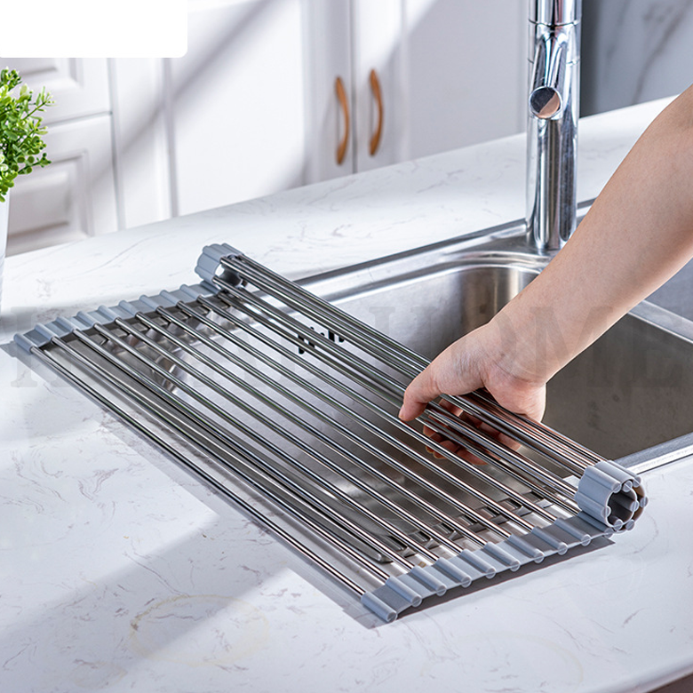 Roll Up Dish Drying Rack, Silicone Wrapped Over The Sink Multipurpose Foldable Dish Drainer Anti-Slip Coated Stainless Steel Dish Racks for Kitchen Counter, Sink Drying Rack