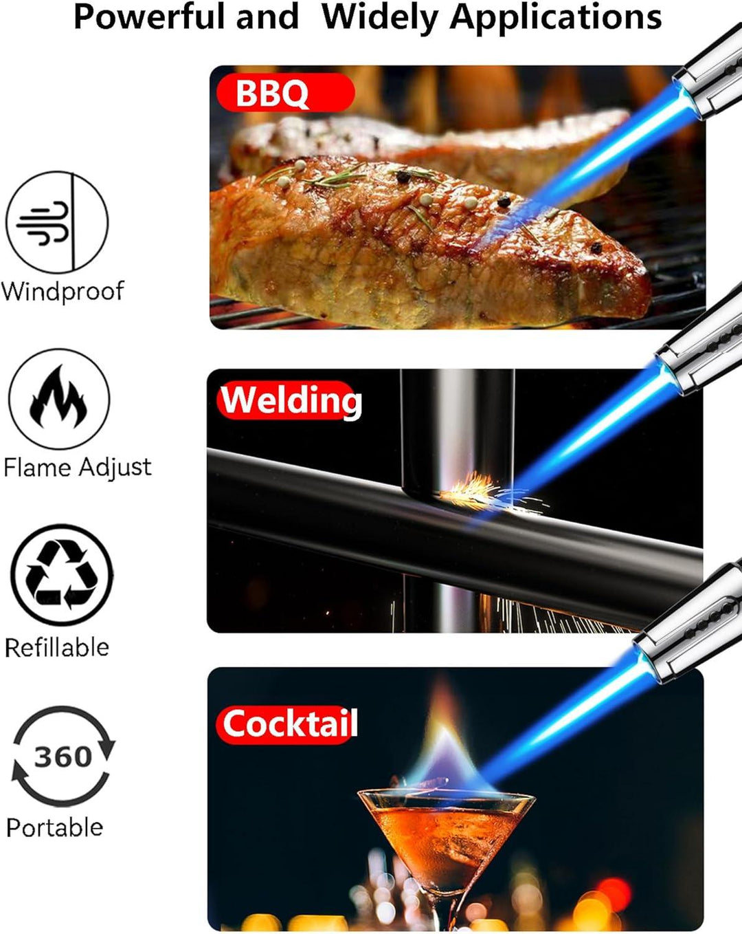 Butane Torch Lighter, Fire Dab Torch Lighters Butane Refillable, Windproof Blue Jet Flame Adjustable for Desserts Baking BBQ, Desserts Baking BBQ